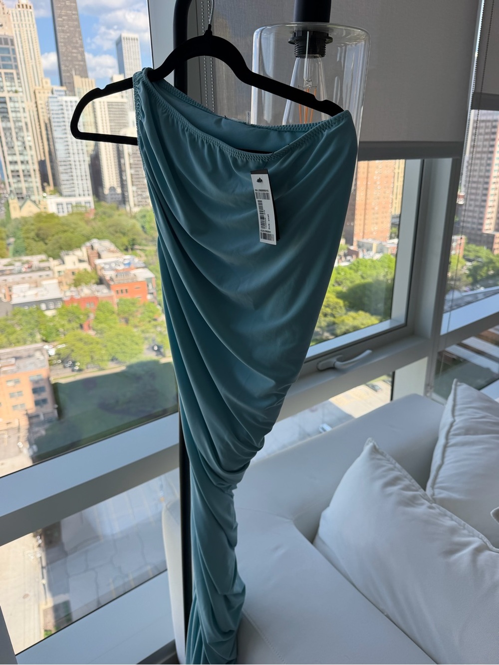Norma Kamali One-Shoulder Ruched Midi Dress in Aqua - Picture 3 of 4